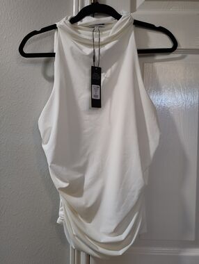 Fashion Nova White High Cowl Neck Ruched Tank Top Stretch Blouse XL Fits Med NWT